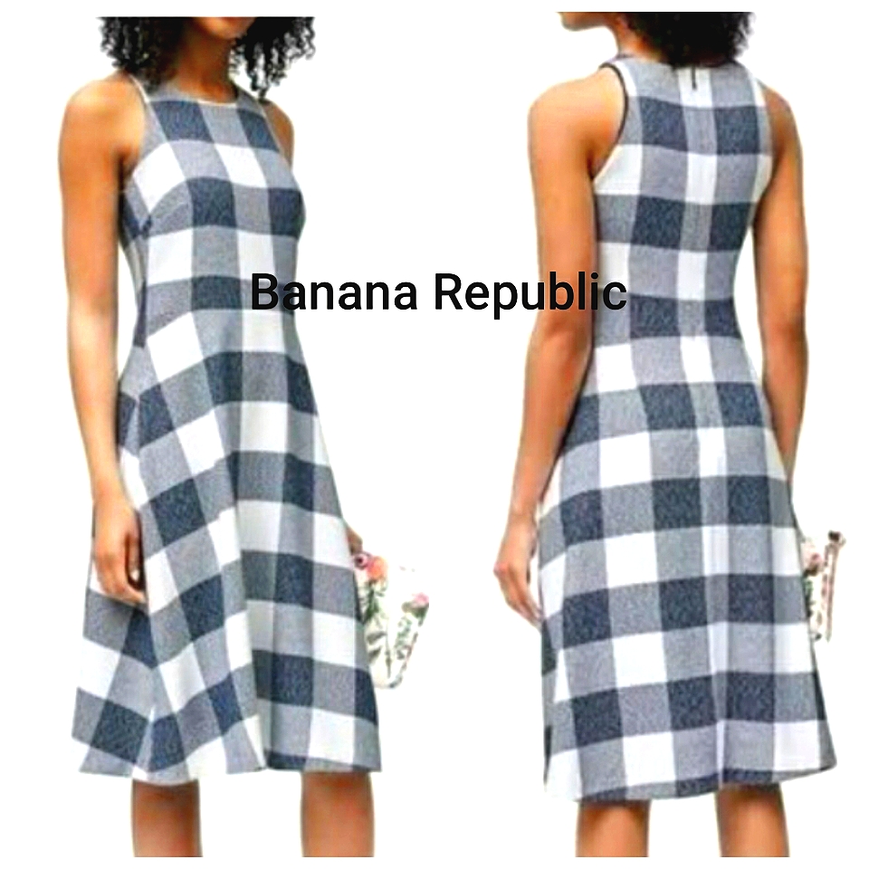 Nwot Banana Republic Navy & White Gingham Tweed Fit & Flare Dress